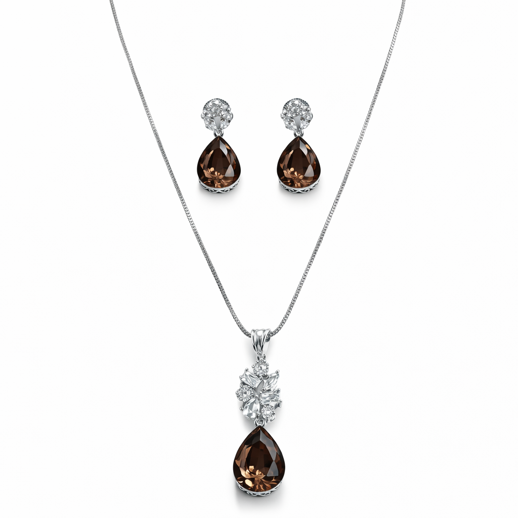 Smoky Copper Quartz Swarovski Crystal American Diamond Silver Plated Pendant Set