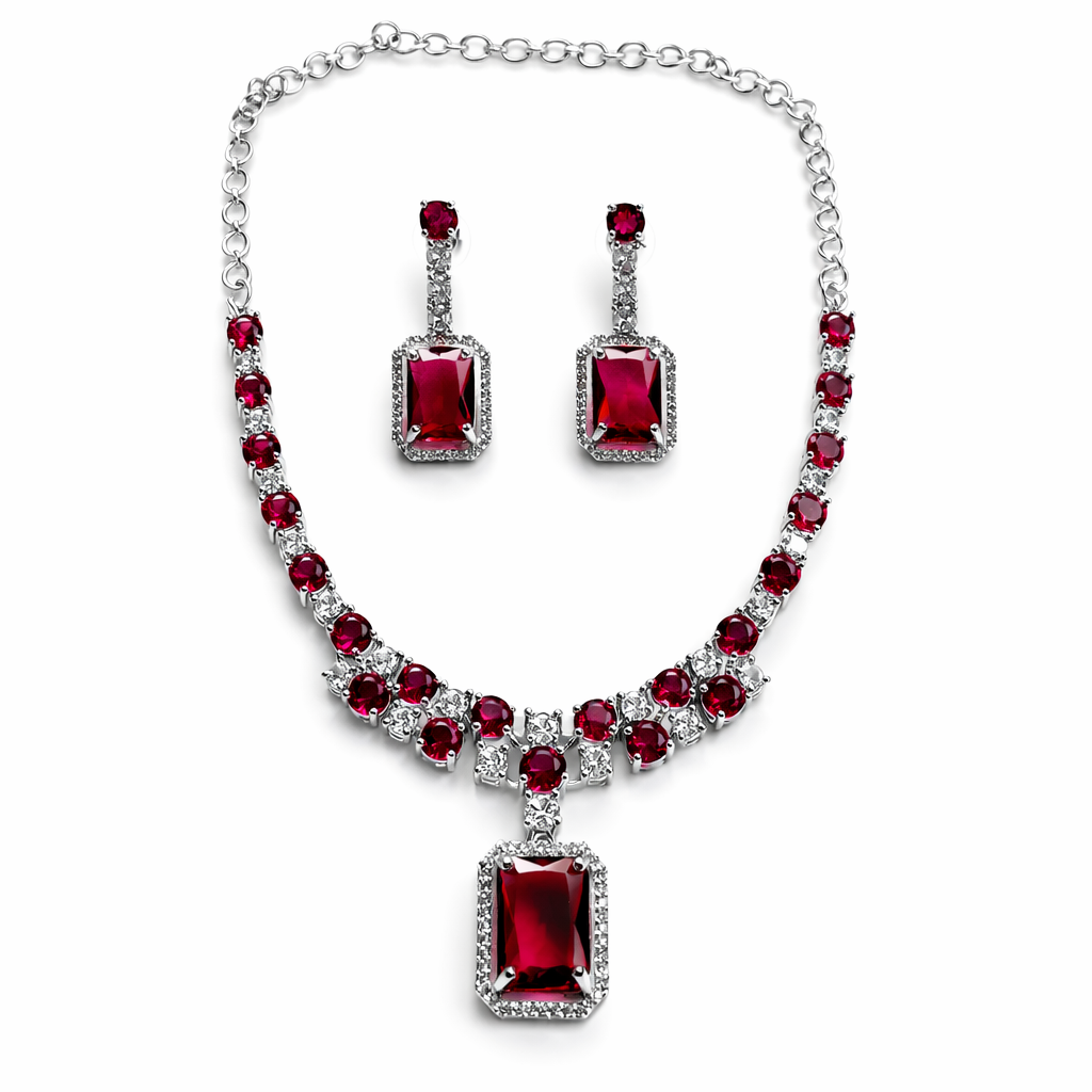 Red Ruby Cubic Zirconia American Diamond Silver Plated Necklace Set