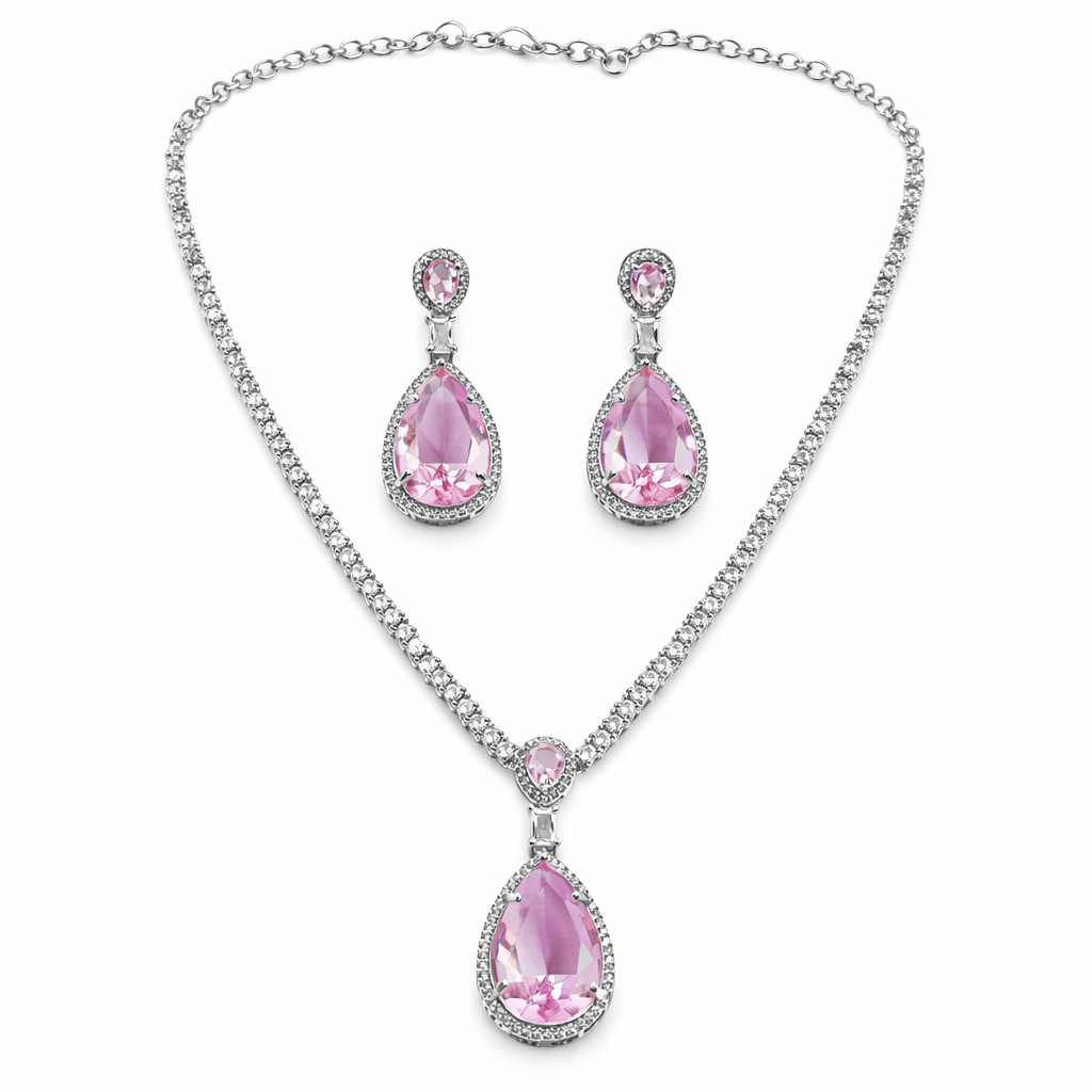 Pink Topaz Cubic Zirconia American Diamond Silver Plated Necklace Set