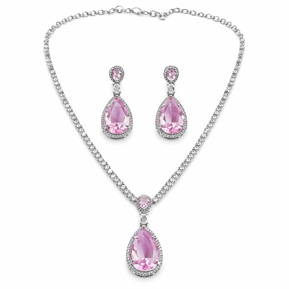 Pink Topaz Cubic Zirconia American Diamond Silver Plated Necklace Set