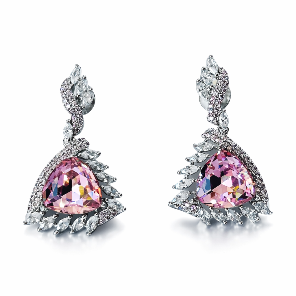 Light Pink Rose Swarovski Crystal & Pink Topaz Cubic Zirconia American Diamond Silver Plated Earrings