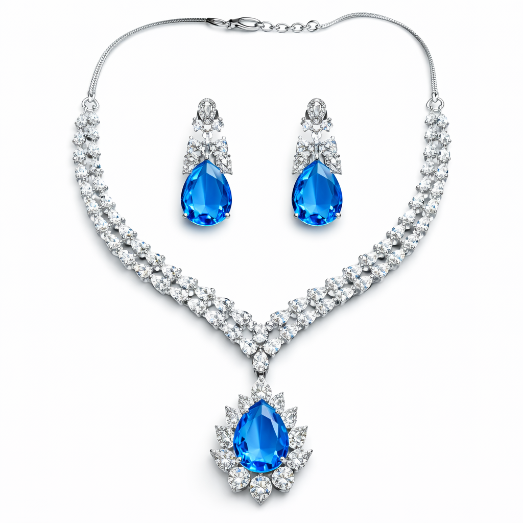 Aqua Blue Sapphire Cubic Zirconia American Diamond Silver Plated Necklace Set
