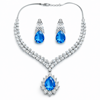 Aqua Blue Sapphire Cubic Zirconia American Diamond Silver Plated Necklace Set