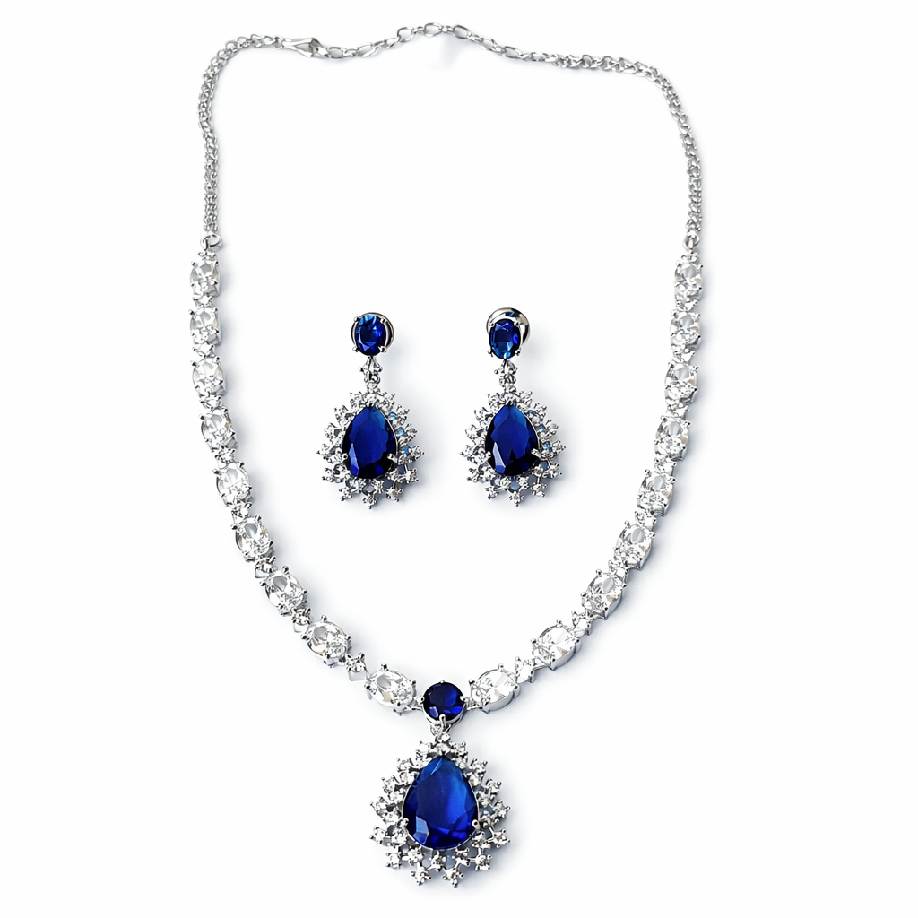 Blue Sapphire Cubic Zirconia American Diamond Silver Plated Necklace Set