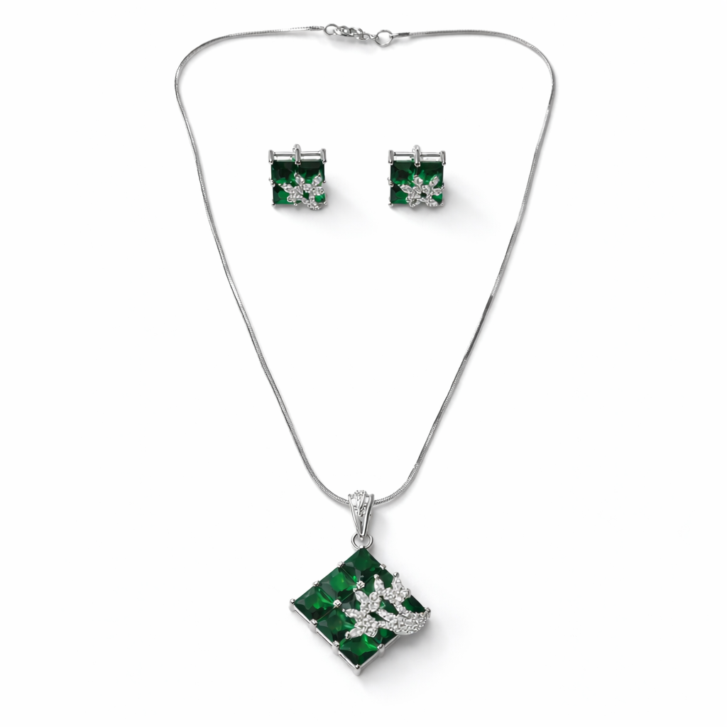 Green Emerald Cubic Zirconia American Diamond Silver Plated Pendant Set