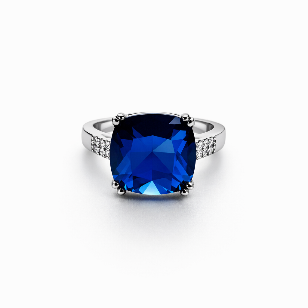 Blue Sapphire Cubic Zirconia  Ice Cut American Diamond Silver Plated Adjustable Ring