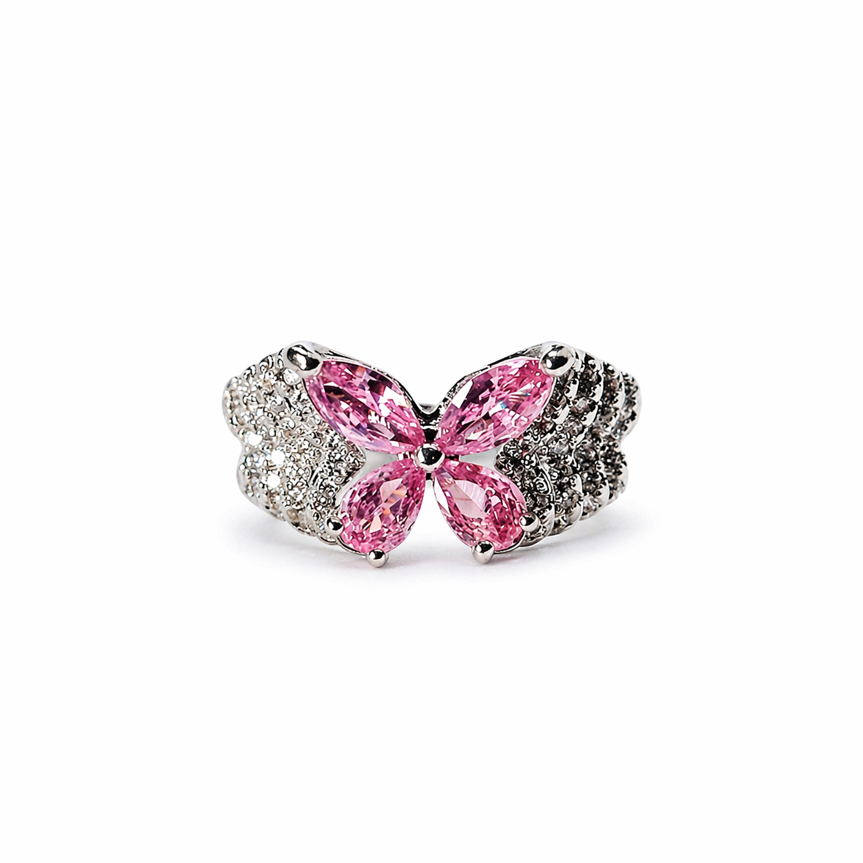 Pink Topaz Cubic Zirconia Ice Cut American Diamond Silver Plated Adjustable Ring