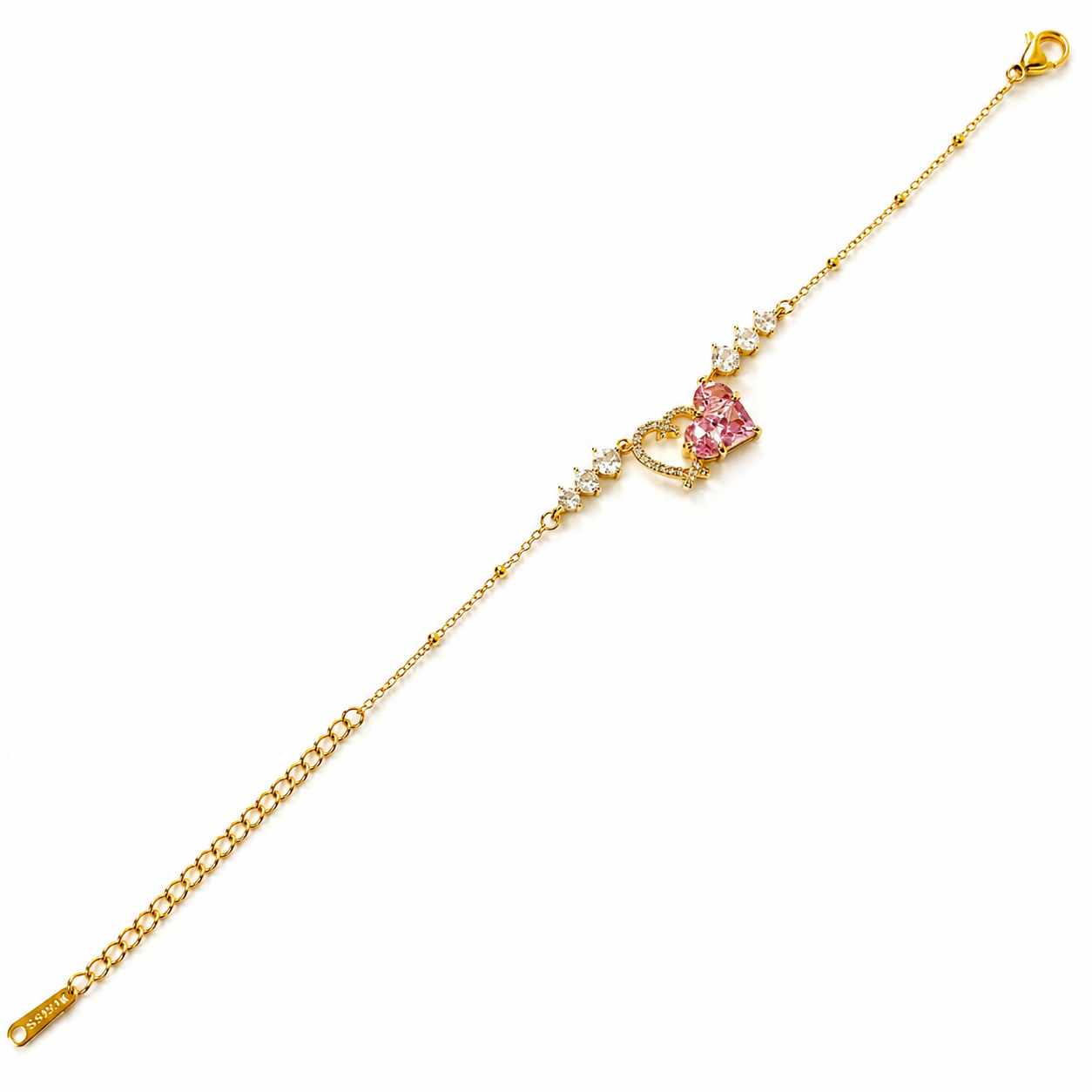 Pink Topaz Cubic Zirconia Heart Design American Diamond Gold Plated Stainless Steel Bracelet
