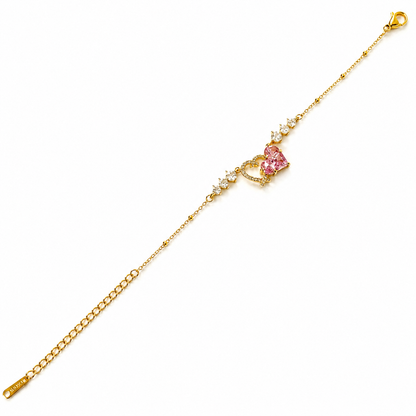 Pink Topaz Cubic Zirconia Heart Design American Diamond Gold Plated Stainless Steel Bracelet