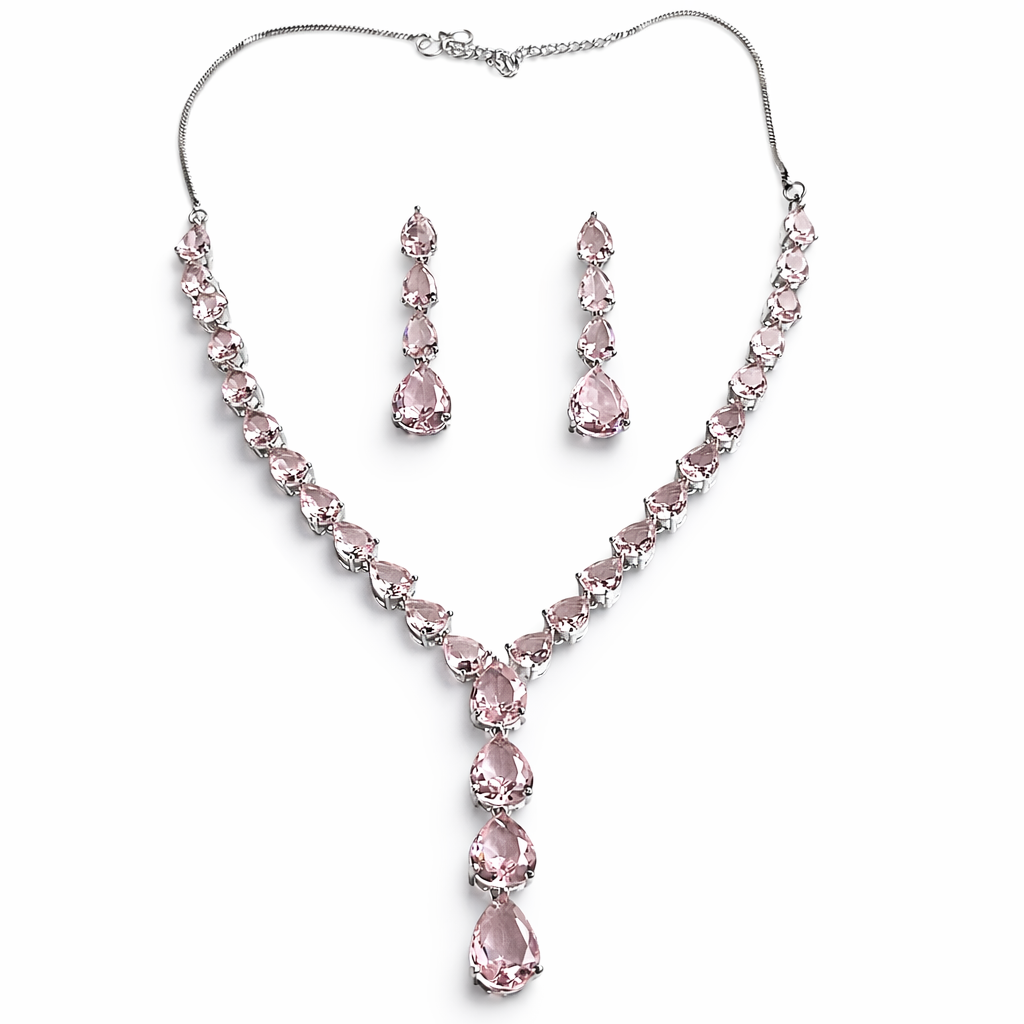 Pink Topaz Cubic Zirconia American Diamond Silver Plated Necklace Set