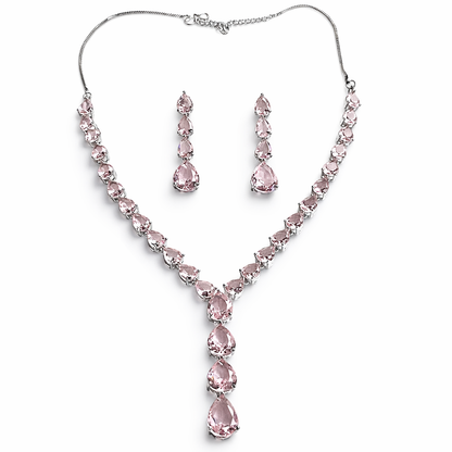Pink Topaz Cubic Zirconia American Diamond Silver Plated Necklace Set