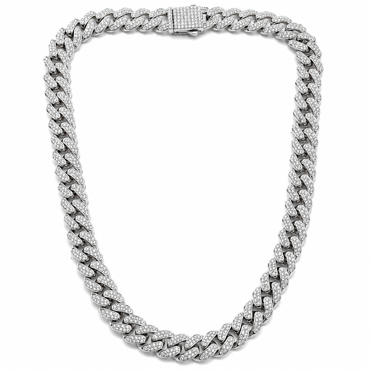 Solitaire Cubic Zirconia Iced-Out American Diamond Silver Plated Cuban Neck Chain [Unisex (19.5 Inches)]