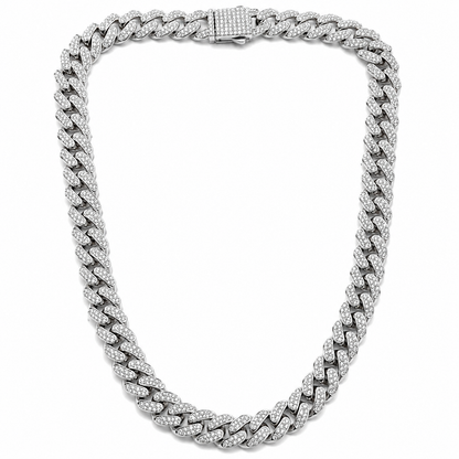 Solitaire Cubic Zirconia Iced-Out American Diamond Silver Plated Cuban Neck Chain [Unisex (19.5 Inches)]