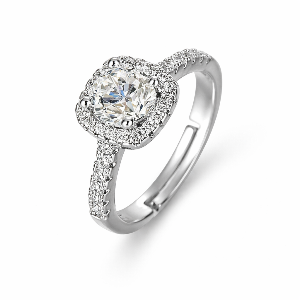 Solitaire Cubic Zirconia Ice Cut American Diamond Silver Plated Adjustable Ring