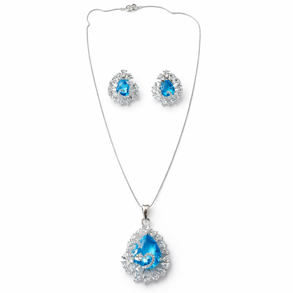 Aqua Blue Sapphire Cubic Zirconia American Diamond Silver Plated Pendant Set