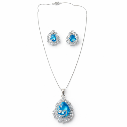Aqua Blue Sapphire Cubic Zirconia American Diamond Silver Plated Pendant Set