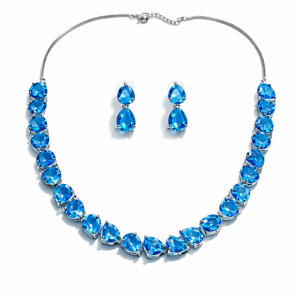 Aqua Blue Sapphire Cubic Zirconia American Diamond Silver Plated Necklace Set