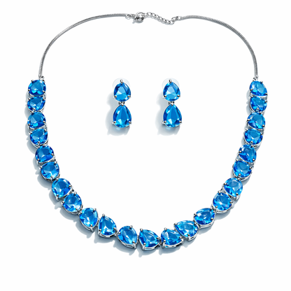 Aqua Blue Sapphire Cubic Zirconia American Diamond Silver Plated Necklace Set
