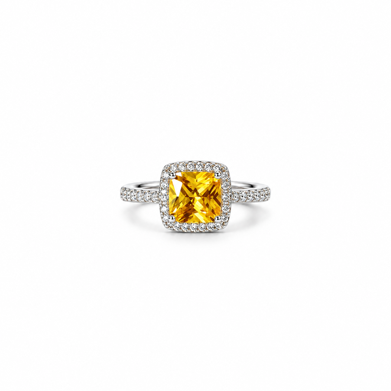 Yellow Topaz Cubic Zirconia Ice Cut American Diamond Silver Plated Adjustable Ring