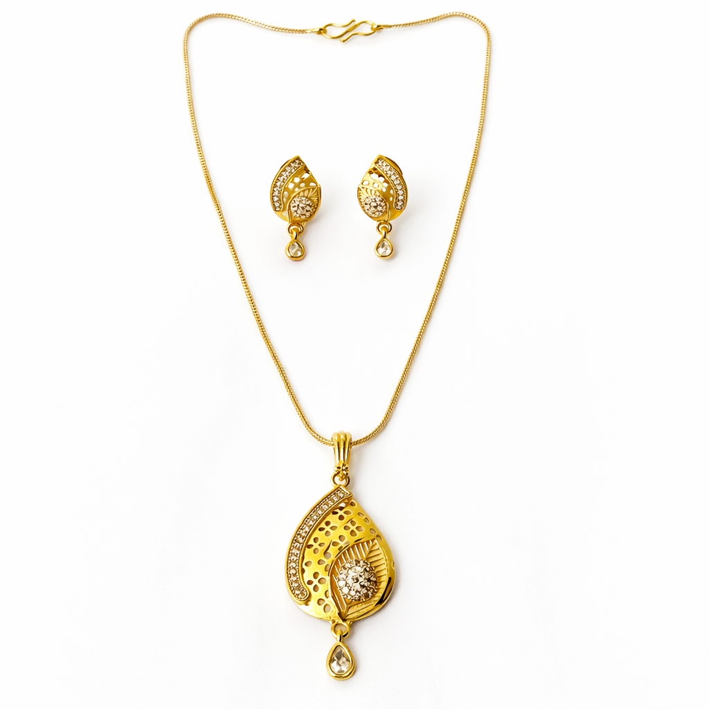 Red Ruby & Solitaire Cubic Zirconia American Diamond 1 Micron Gold Plated Pendant Set