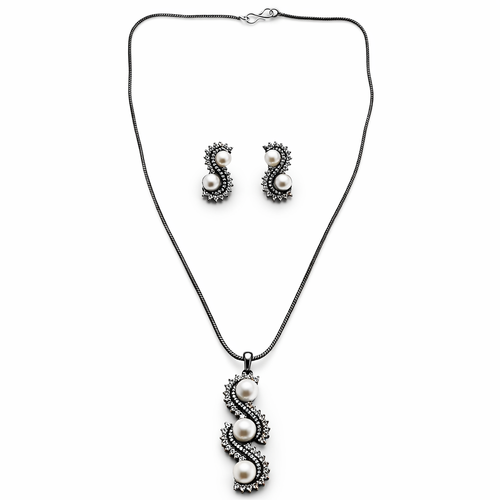 Solitaire Cubic Zirconia American Diamond Victorian Plated Pearl Studded Pendant Set