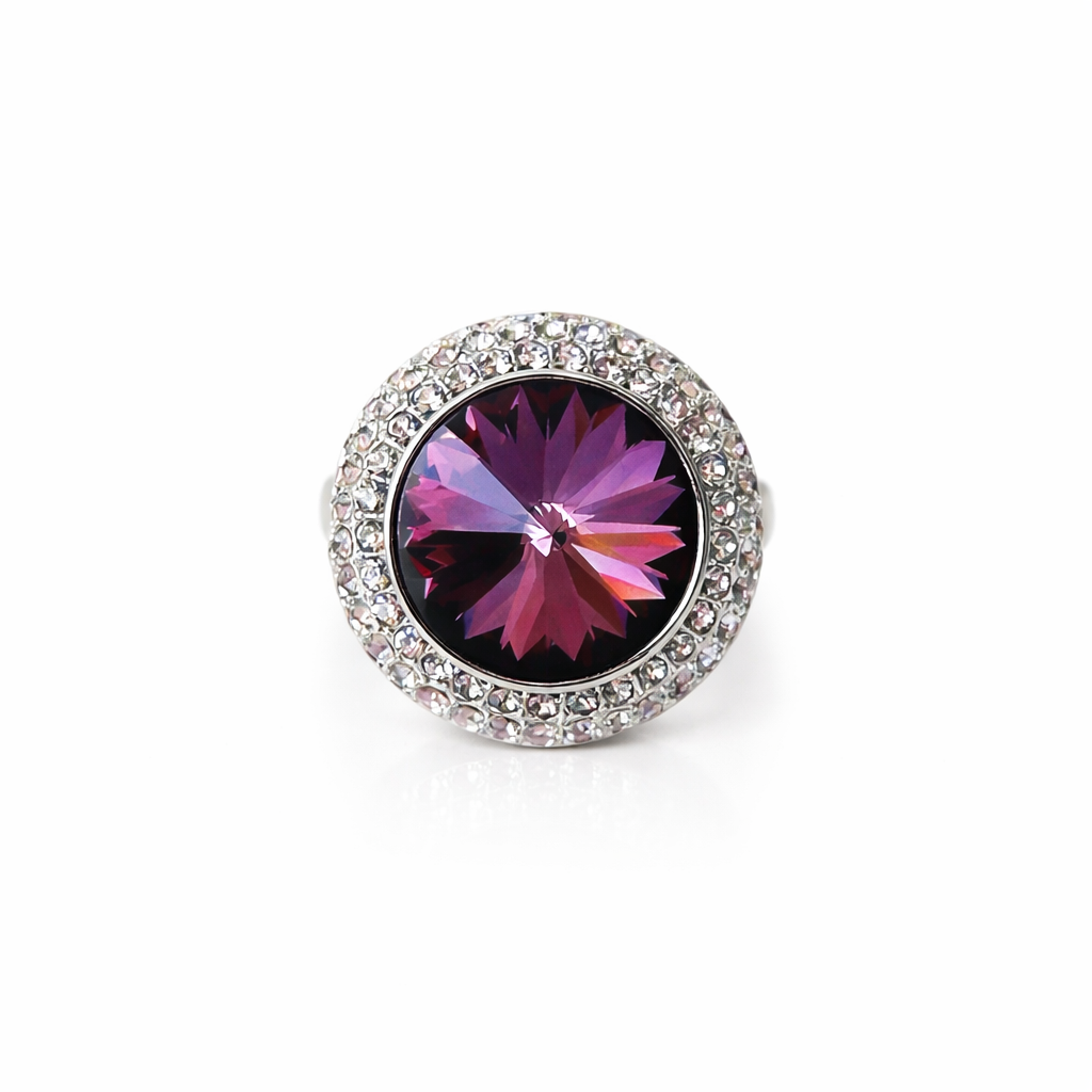 Purple Amethyst Swarovski Crystal American Diamond Silver Plated Adjustable Ring