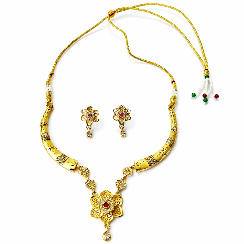 Red Ruby & Solitaire Cubic Zirconia American Diamond 1 Micron Gold Plated Necklace Set