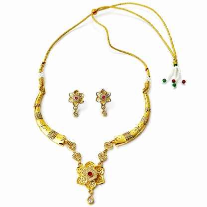 Red Ruby & Solitaire Cubic Zirconia American Diamond 1 Micron Gold Plated Necklace Set