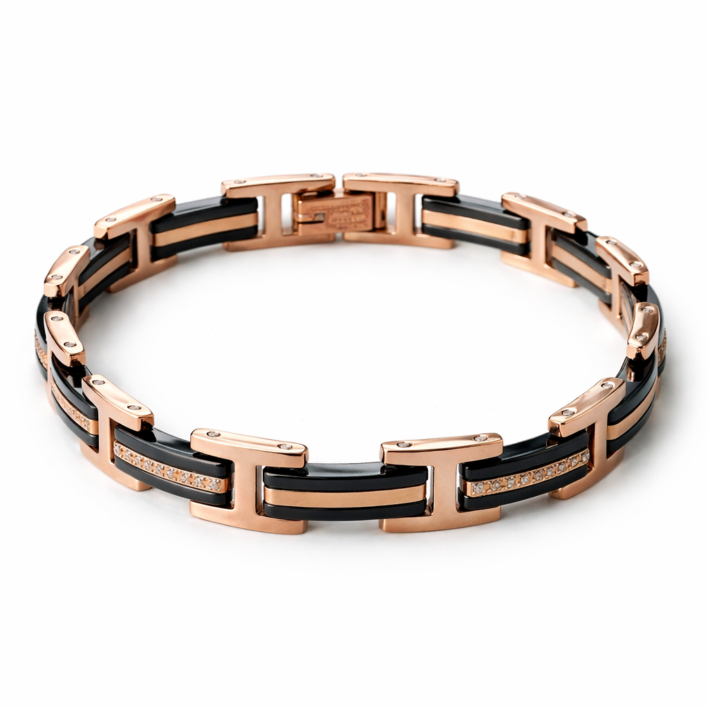 Black & Rose Gold Cubic Zirconia American Diamond Ceramic Stainless Steel Bracelet