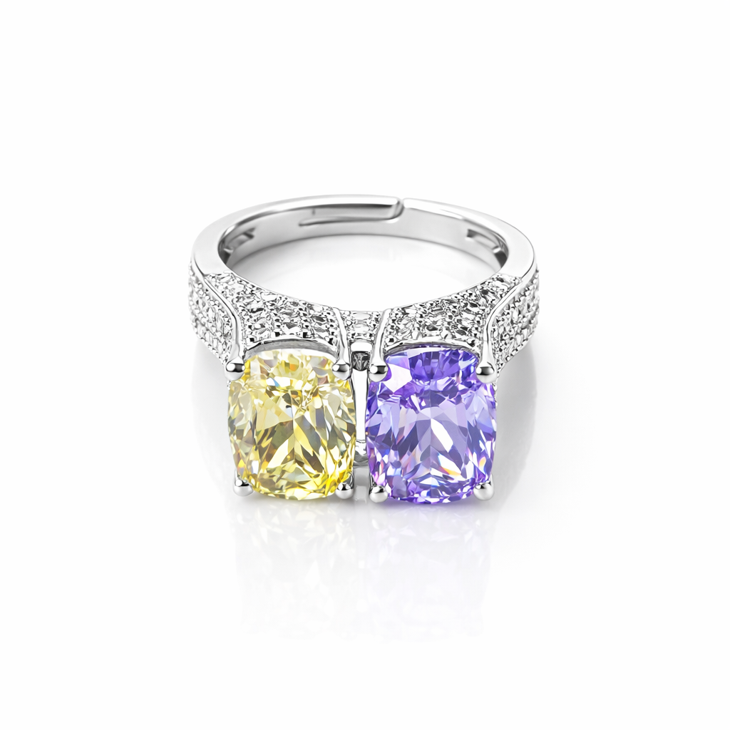 Yellow Topaz & Light Purple Amethyst Cubic Zirconia Ice Cut American Diamond Silver Plated Adjustable Ring