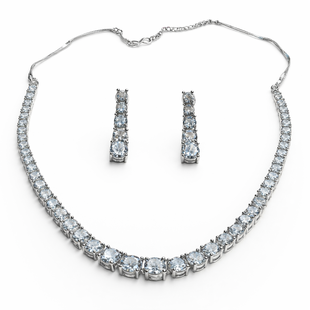 Solitaire Cubic Zirconia American Diamond Silver Plated Necklace Set