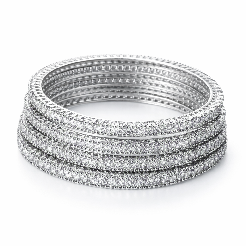 Solitaire Cubic Zirconia American Diamond Silver Plated Bangles, Set of 4