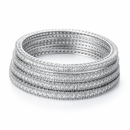 Solitaire Cubic Zirconia American Diamond Silver Plated Bangles, Set of 4