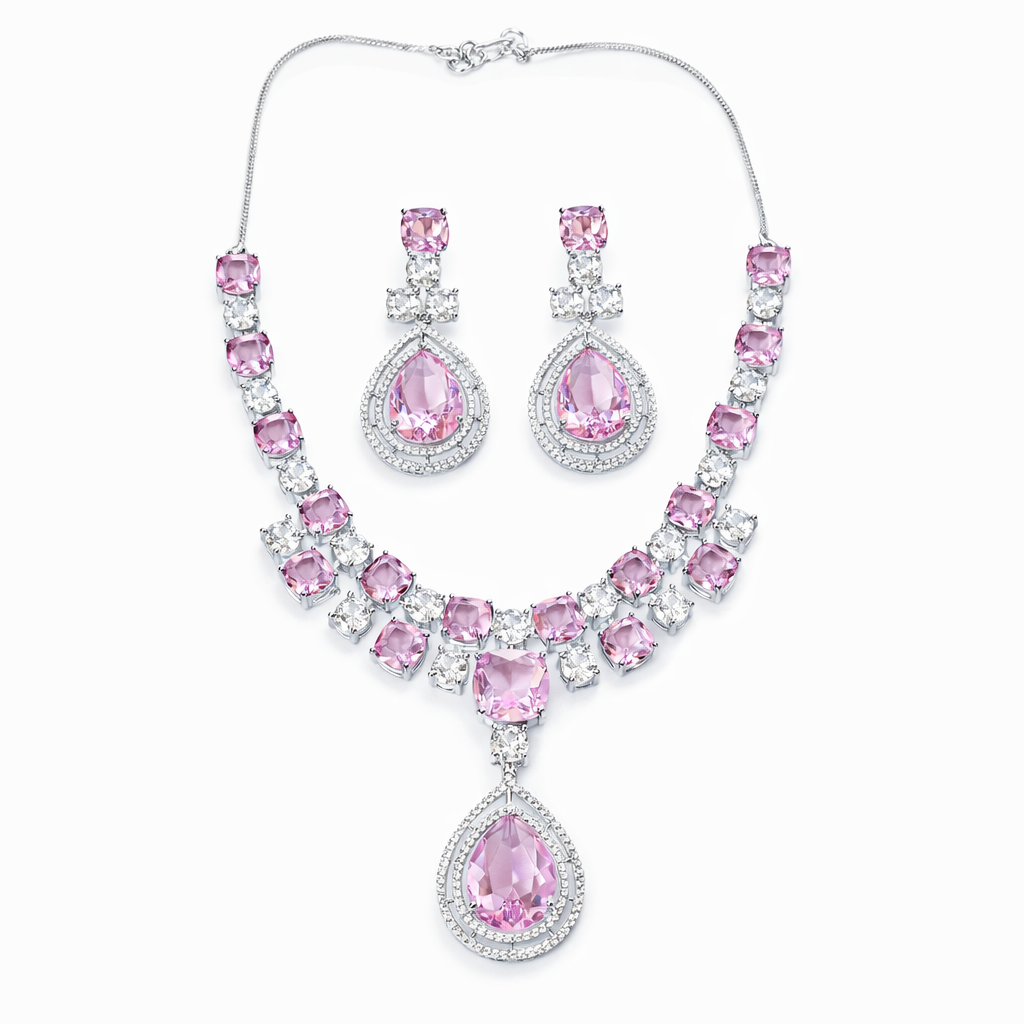 Pink Topaz Cubic Zirconia American Diamond Silver Plated Necklace Set