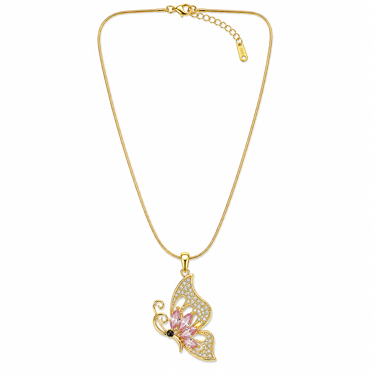 Pink Topaz Cubic Zirconia Butterfly Design American Diamond Gold Plated Stainless Steel Necklace