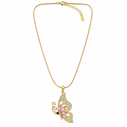 Pink Topaz Cubic Zirconia Butterfly Design American Diamond Gold Plated Stainless Steel Necklace