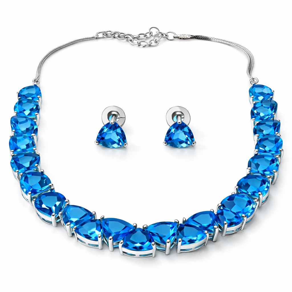 Aqua Blue Sapphire Cubic Zirconia American Diamond Silver Plated Necklace Set