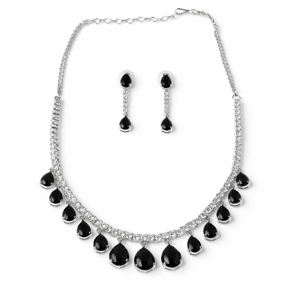 Black Cubic Zirconia American Diamond Silver Plated Necklace Set