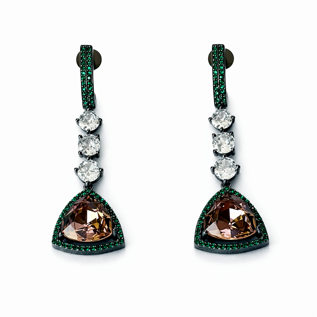 Smoked Yellow Topaz Swarovski Crystal & Emerald Green American Diamond Victorian Plated Earrings