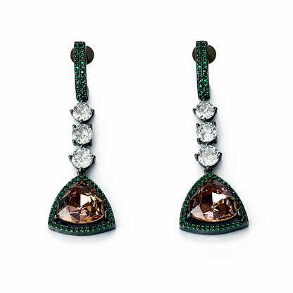Smoked Yellow Topaz Swarovski Crystal & Emerald Green American Diamond Victorian Plated Earrings