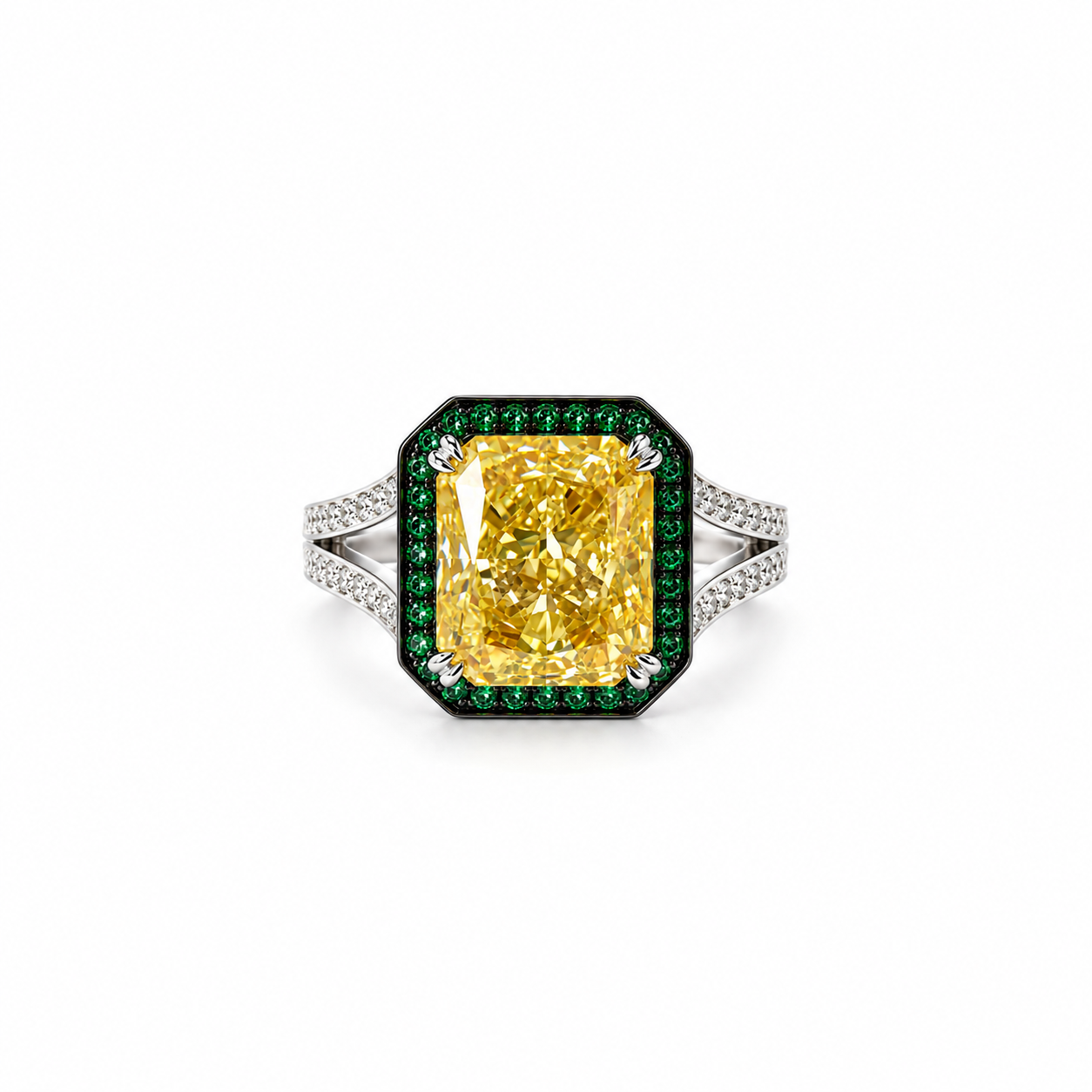 Green Emerald/Yellow Topaz Cubic Zirconia Ice Cut American Diamond Silver Plated Adjustable Ring