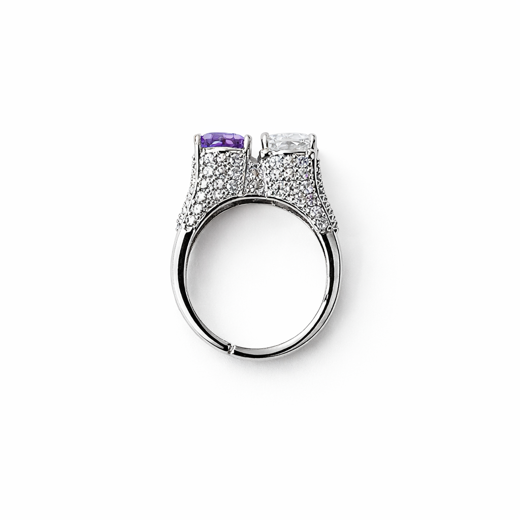 Light Purple Amethyst & Solitaire Cubic Zirconia Ice Cut American Diamond Silver Plated Adjustable Ring