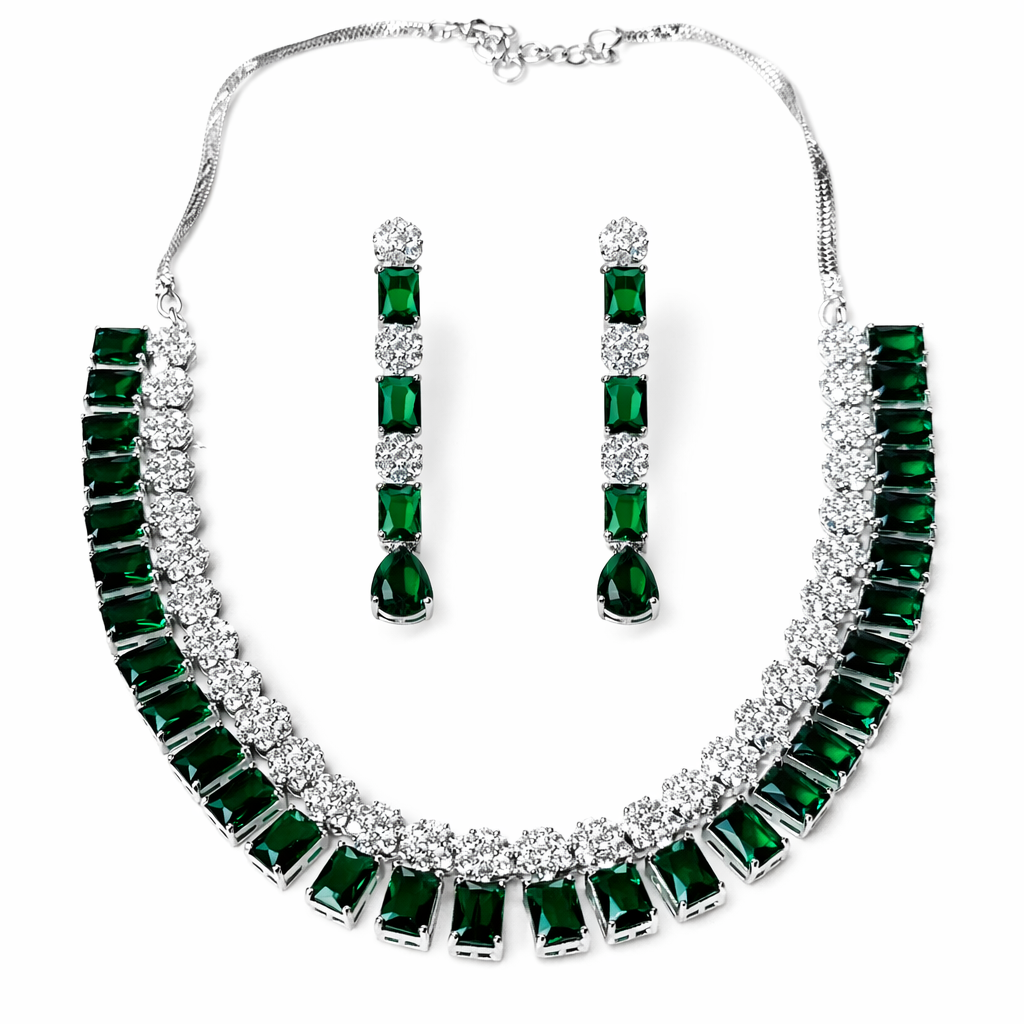 Green Emerald Cubic Zirconia American Diamond Silver Plated Necklace Set