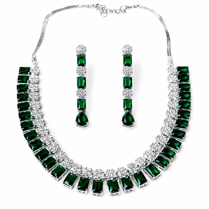 Green Emerald Cubic Zirconia American Diamond Silver Plated Necklace Set