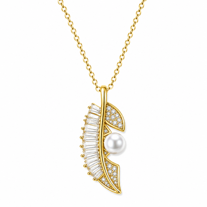 Leaf Design Pearl Studded American Diamond Gold Plated Stainless Steel Necklace
