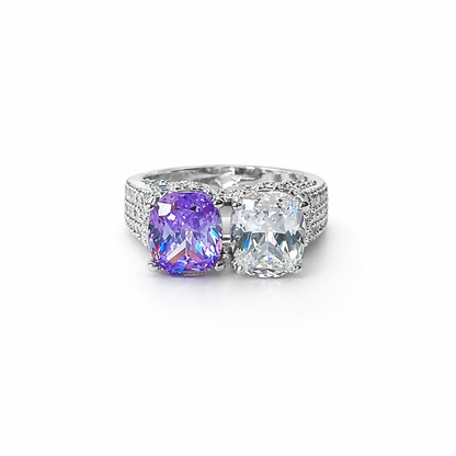 Light Purple Amethyst & Solitaire Cubic Zirconia Ice Cut American Diamond Silver Plated Adjustable Ring