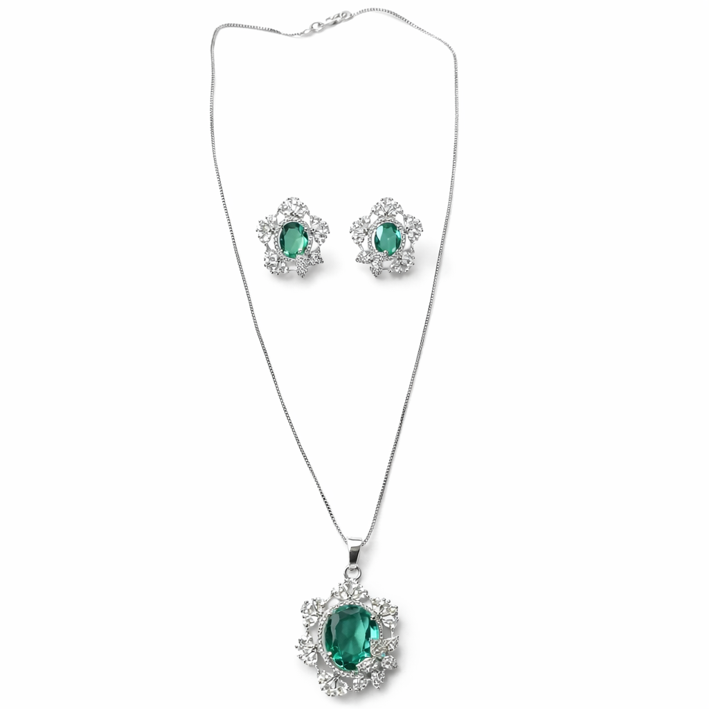 Sea Green Topaz Cubic Zirconia American Diamond Silver Plated Pendant Set