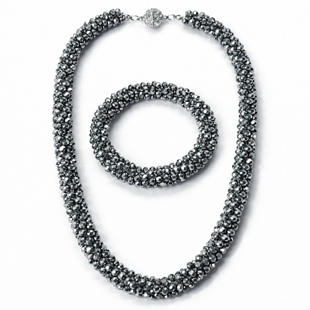 Silver Beads With Magnetic Lock American Diamond Western Bracelet & Necklace Combo