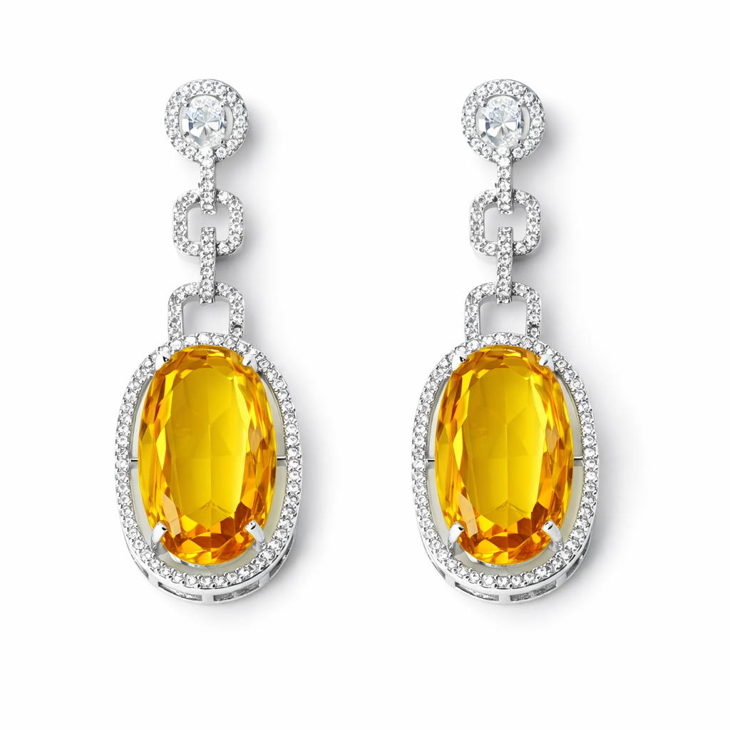 Yellow Topaz Cubic Zirconia American Diamond Silver Plated Earrings