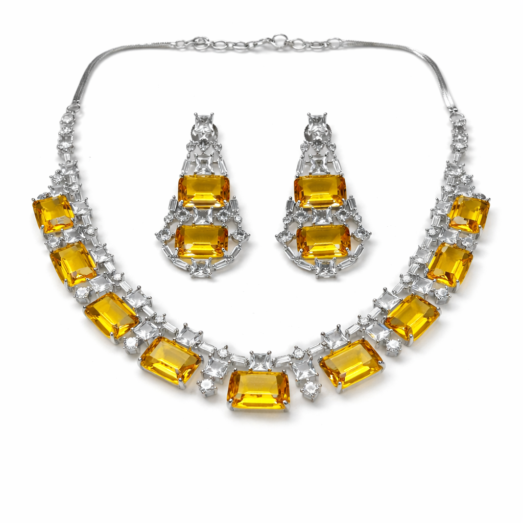 Yellow Topaz Cubic Zirconia American Diamond Silver Plated Necklace Set